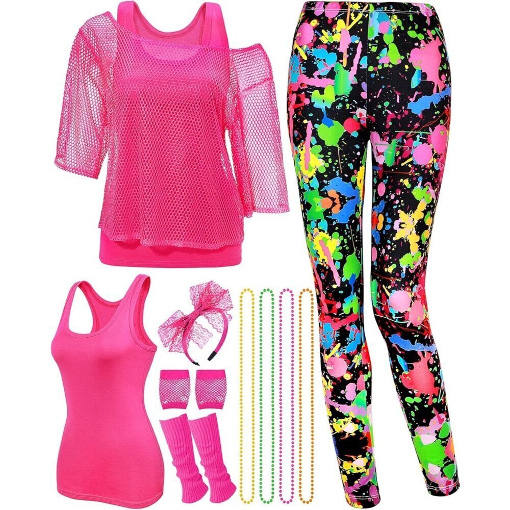 80s Costume Accessories for Women Neon Fishnet Shirt Leggings Vests Gloves